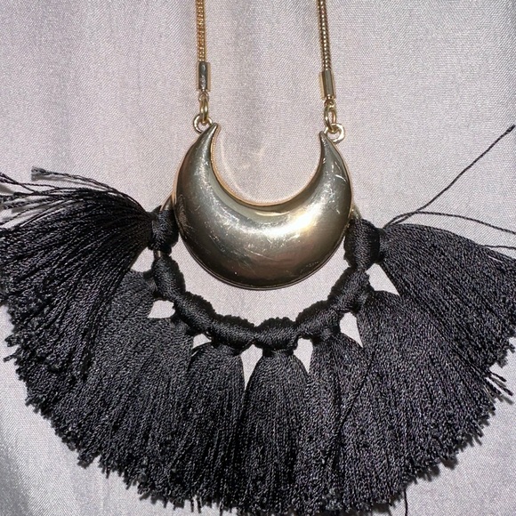 INC International Concepts crescent moon Black Gold Tassel statement Necklace - Picture 4 of 4